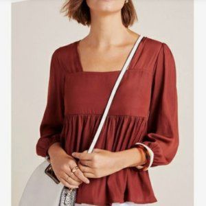 Anthropologie Dolan Babydoll Square Neck Longsleeve Blouse in Rust Burnt Sienna